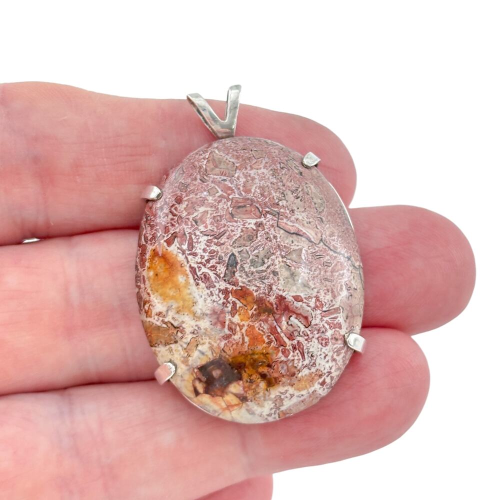 Vintage Sterling Silver 925 Pink Oval Jasper Pendant